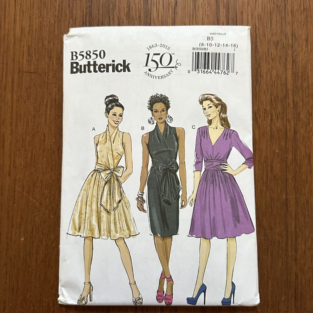 UNCUT Butterick Sew Pattern 5850 Misses Mock Wrap Dress Lined Bodice 8-16
